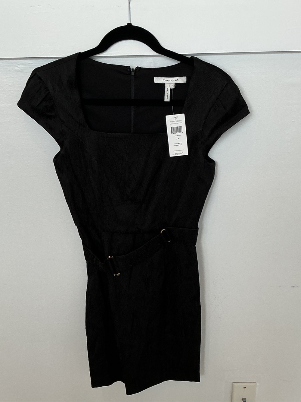 Max and Leo Black Cap-Sleeve Belted Sheath Dress
